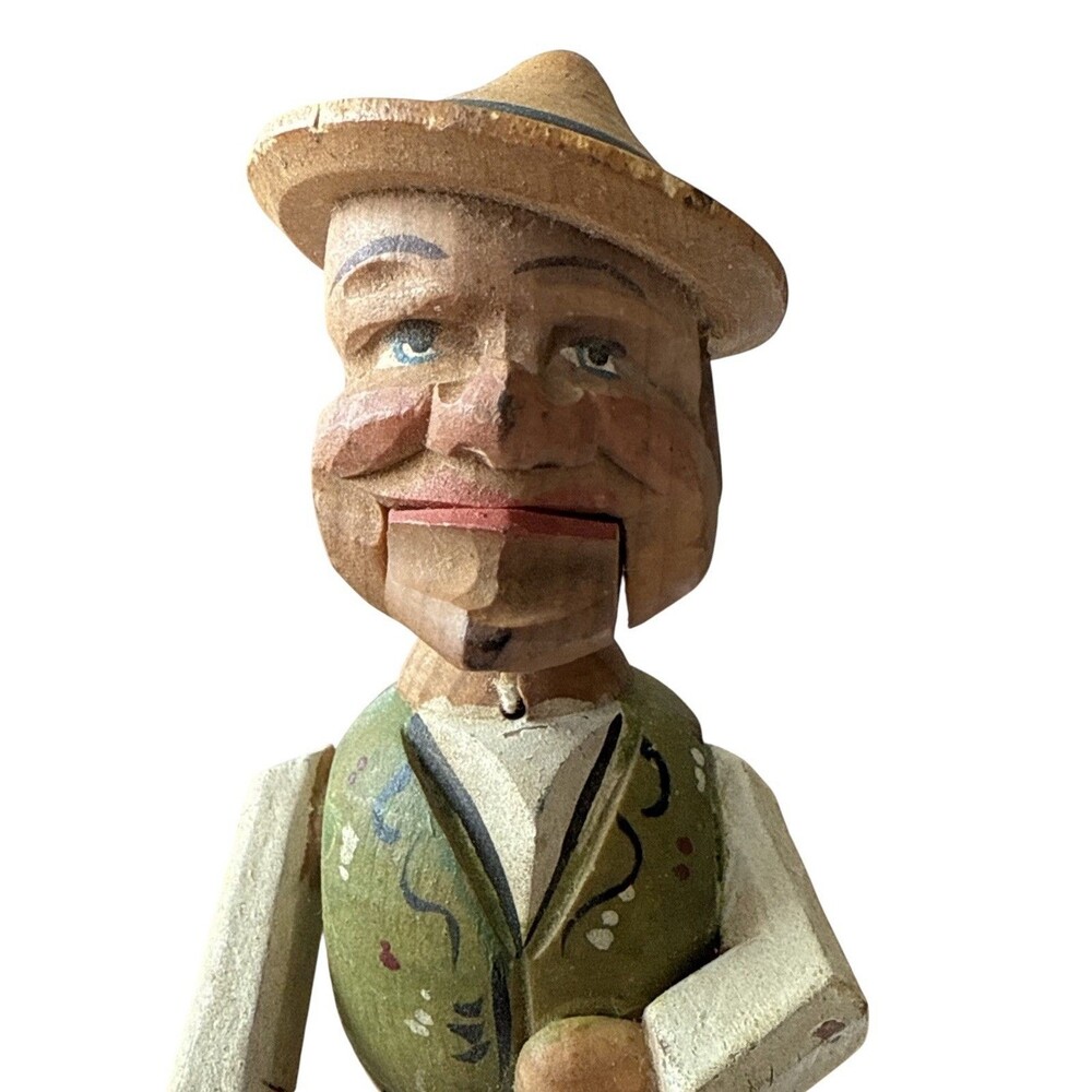 Vintage ANRI‎ Hand Carved Man with Wine Bottle Mechanical Wooden Bottle Stopper